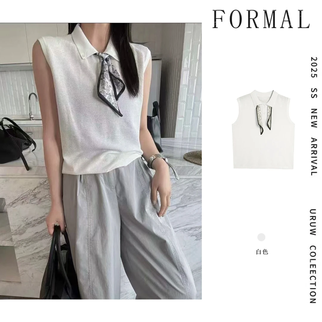 夏季新款2025POLO领配丝巾冰丝针织衫女修身百搭小清新时尚气质款