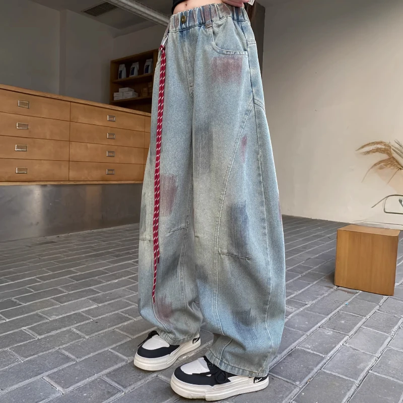 女童美式复古脏染做旧牛仔弯刀裤春秋新款宽松休闲女孩阔腿直筒裤
