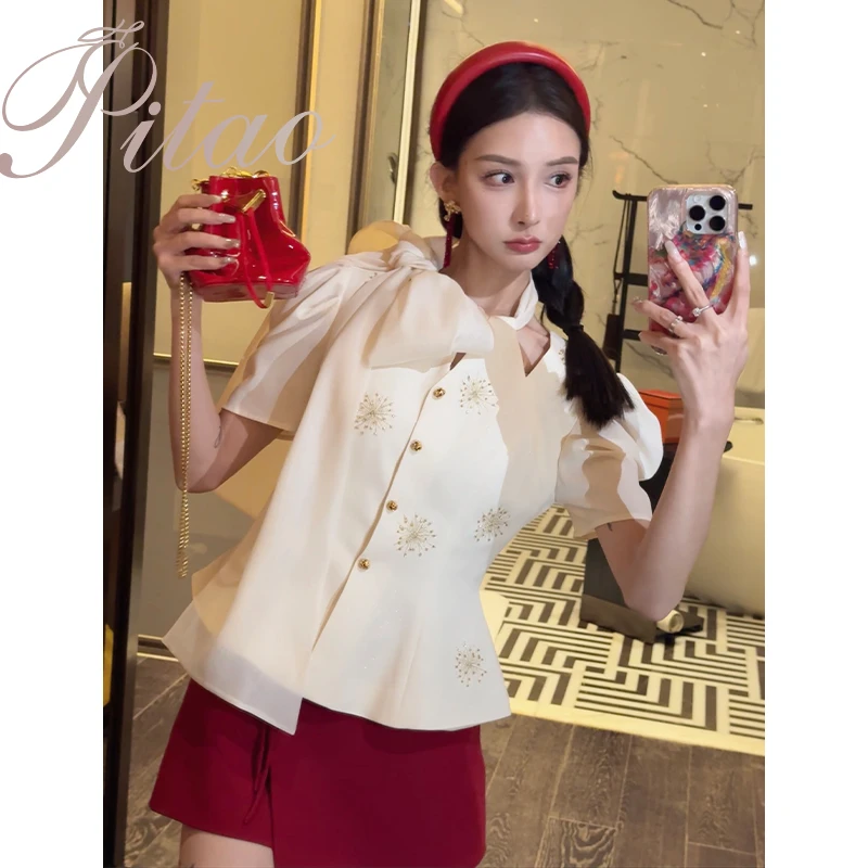 杜屁屁桃PITAO 原创【白日焰火】衬衫+短裤夏季法式小众中式气质
