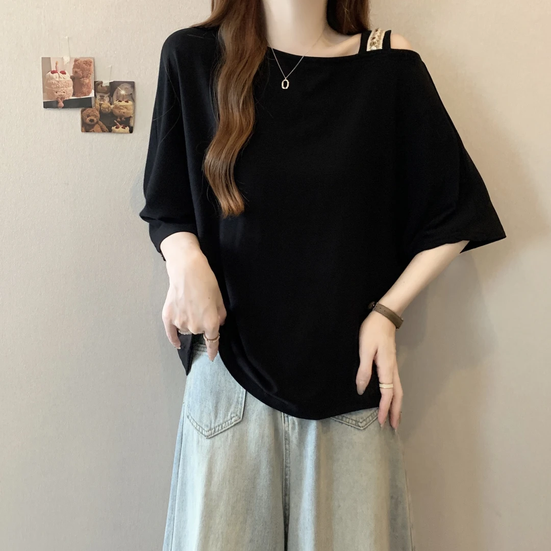 大码遮肚子设计感露肩打底衫女夏季胖mm宽松显瘦别致短袖t恤上衣