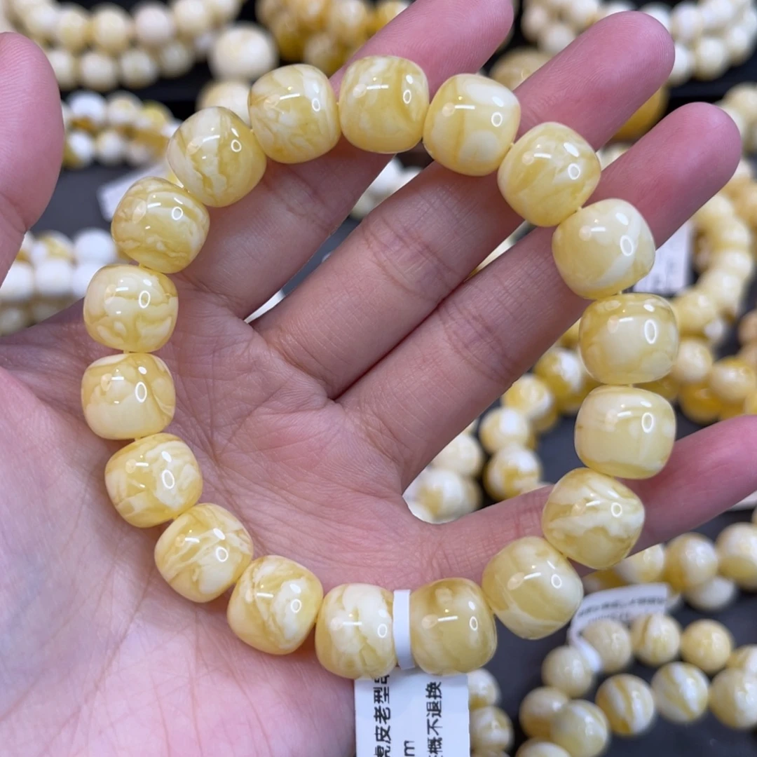 蜜蜡未镶嵌手链12mm同料白花蜡奶橘底