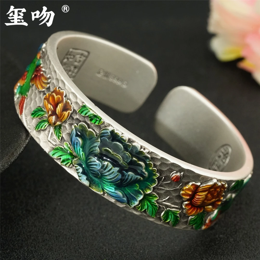 足银手镯 【玺吻】足银999.9 彩韵牡丹 景泰蓝鸟语花香实心足银手镯