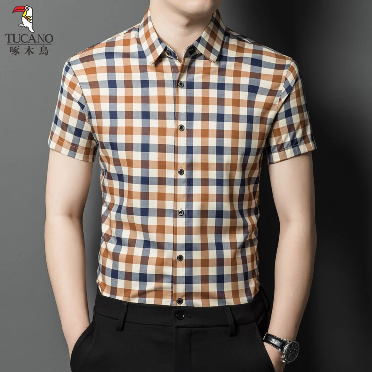 1啄木鸟商务休闲格子衫衬衫短袖薄款中青年男士格子衬衫休闲韩版