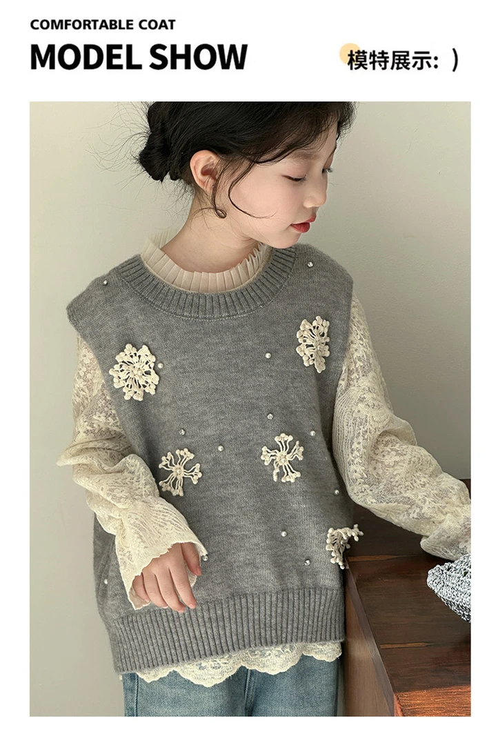 童小乖花朵马甲蕾丝打底两件套