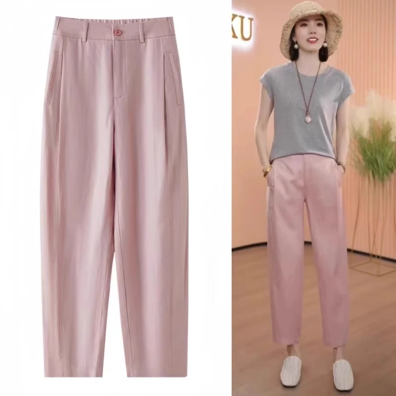 冰丝亚麻哈伦裤女夏季薄款高腰天丝棉麻休闲九分镰刀烟管西装裤子
