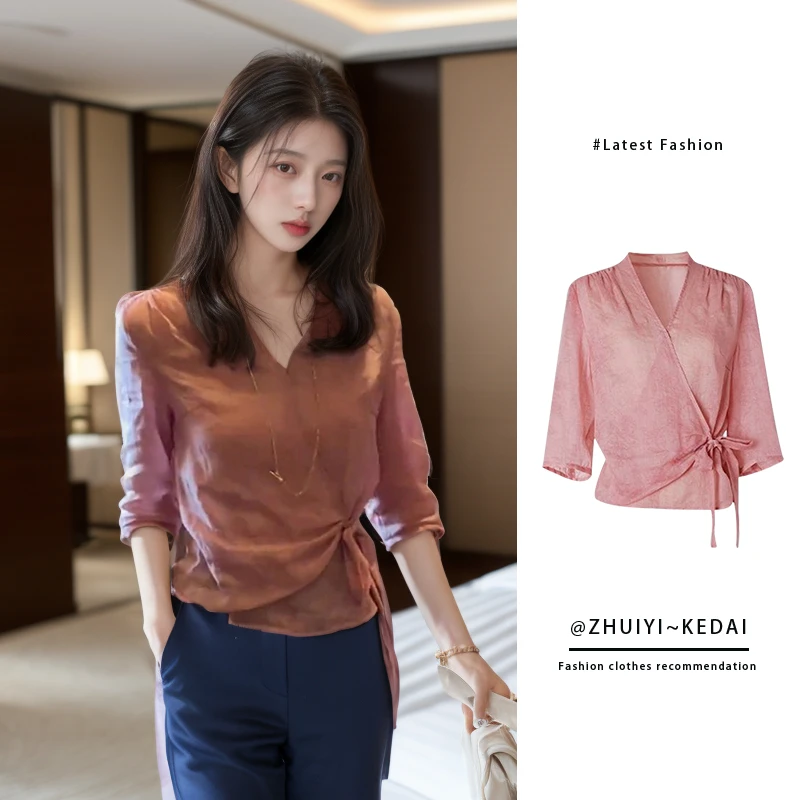 高端粉色短款衬衫女2024年夏季新款气质女士气质衬衣时尚休闲上衣