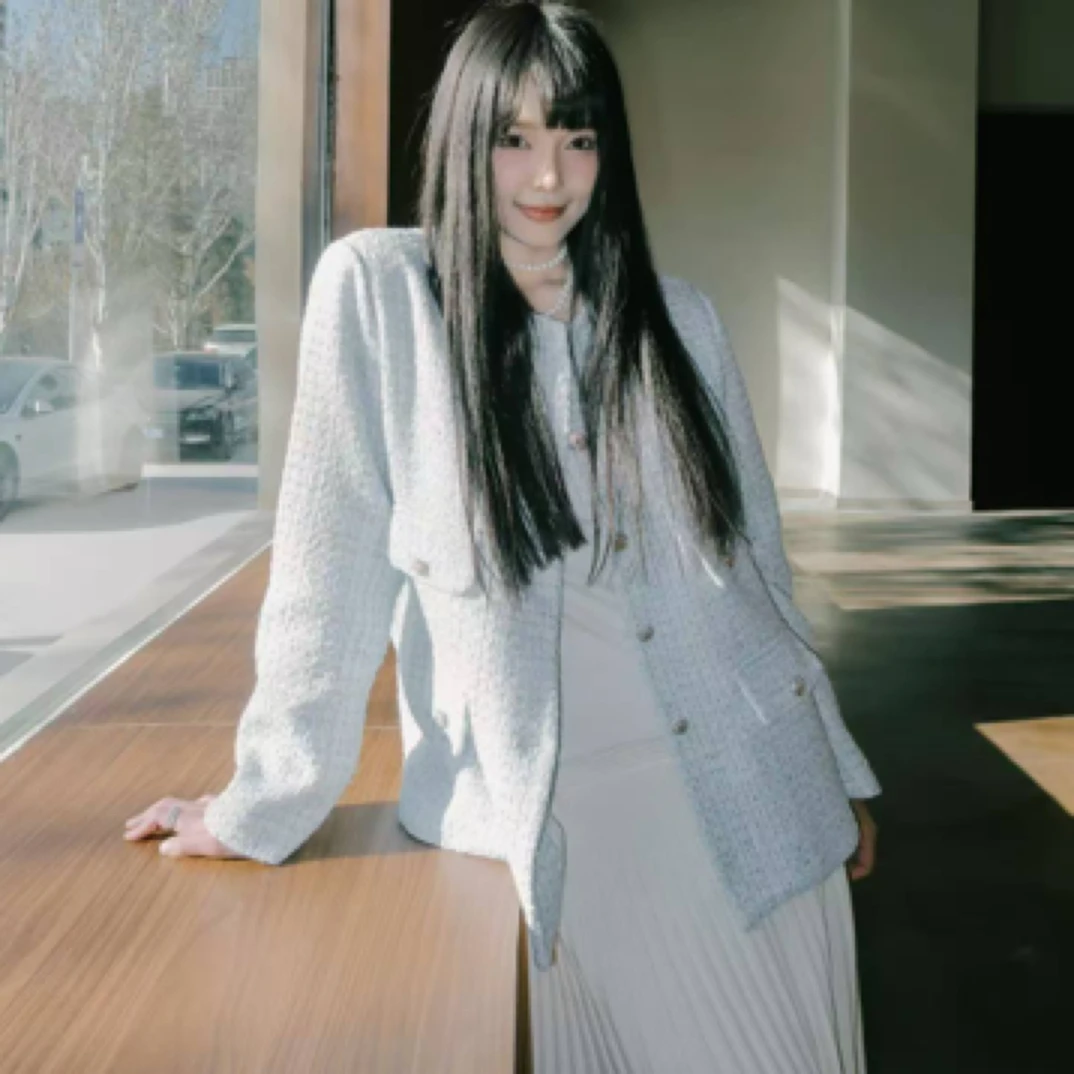 【汪姐专属】大码秋冬中长高级感浅蓝色宽松气质小香风外套呢子上衣