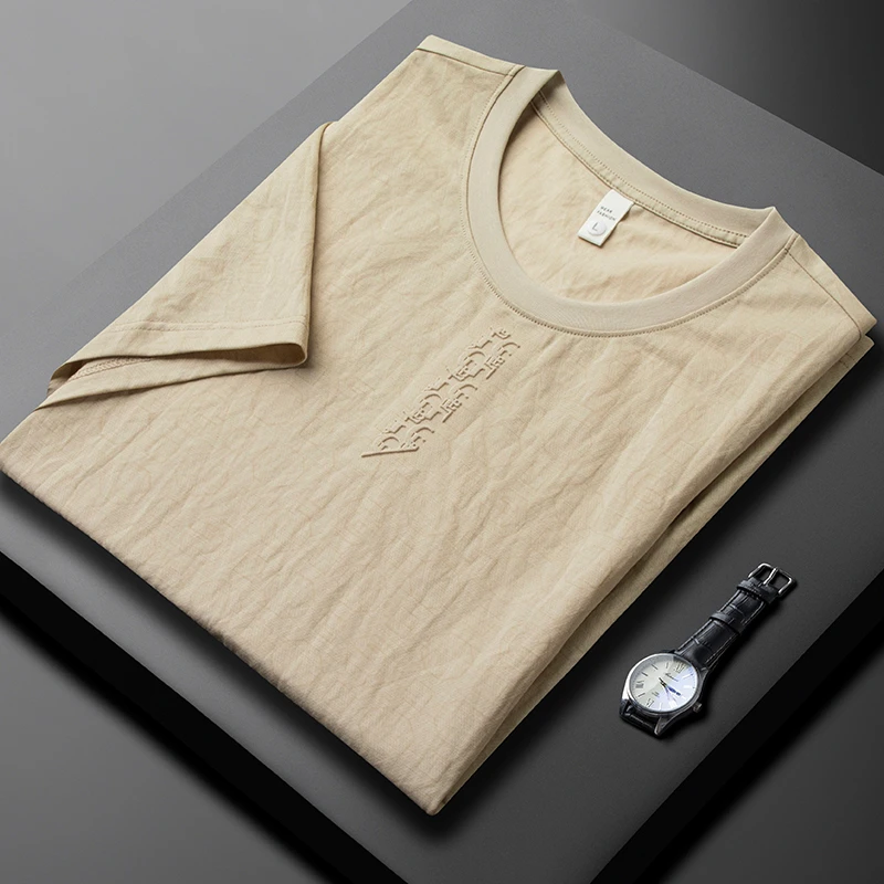 玛加西曼特2025新款杏色短袖t恤男修身圆领夏季薄款透气休闲半袖