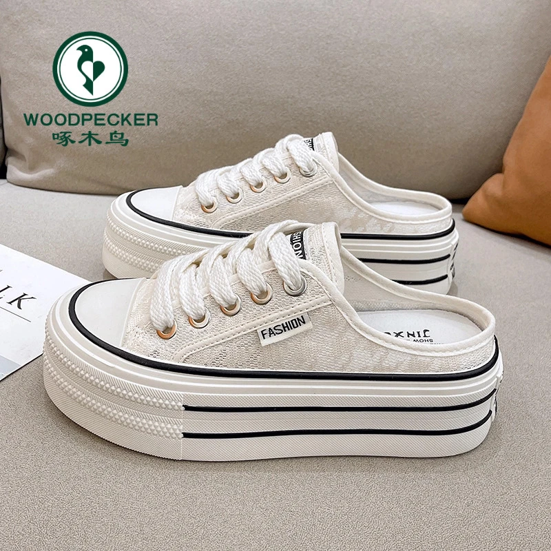 啄木鸟包头凉拖鞋女2025新款夏季蕾丝透气松糕百搭厚底半拖鞋子潮