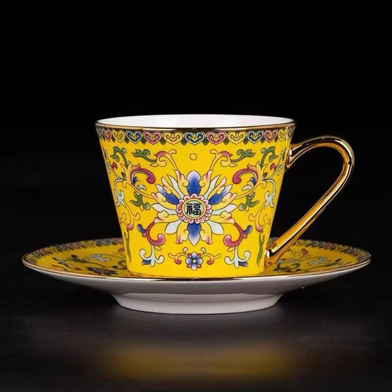 金边珐琅彩牛奶小咖啡杯礼品盒宫廷风家用骨瓷中式景德镇陶瓷X891