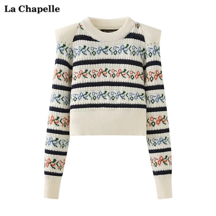 Z024 肩垫提花毛衣女秋短款套头圆领长袖针织上衣