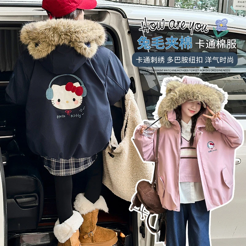 女童加绒加厚派克服冬装2025新款儿童毛领连帽棉衣中大童保暖外套