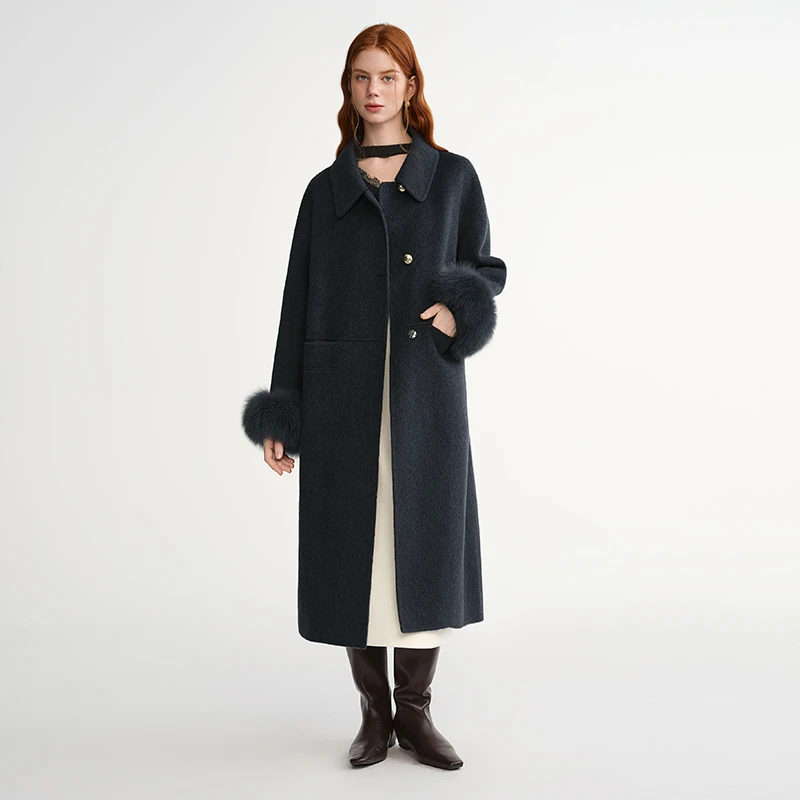 大码女装【天鹅大衣】可拆卸毛圈双面呢大衣毛呢外套25DS84125