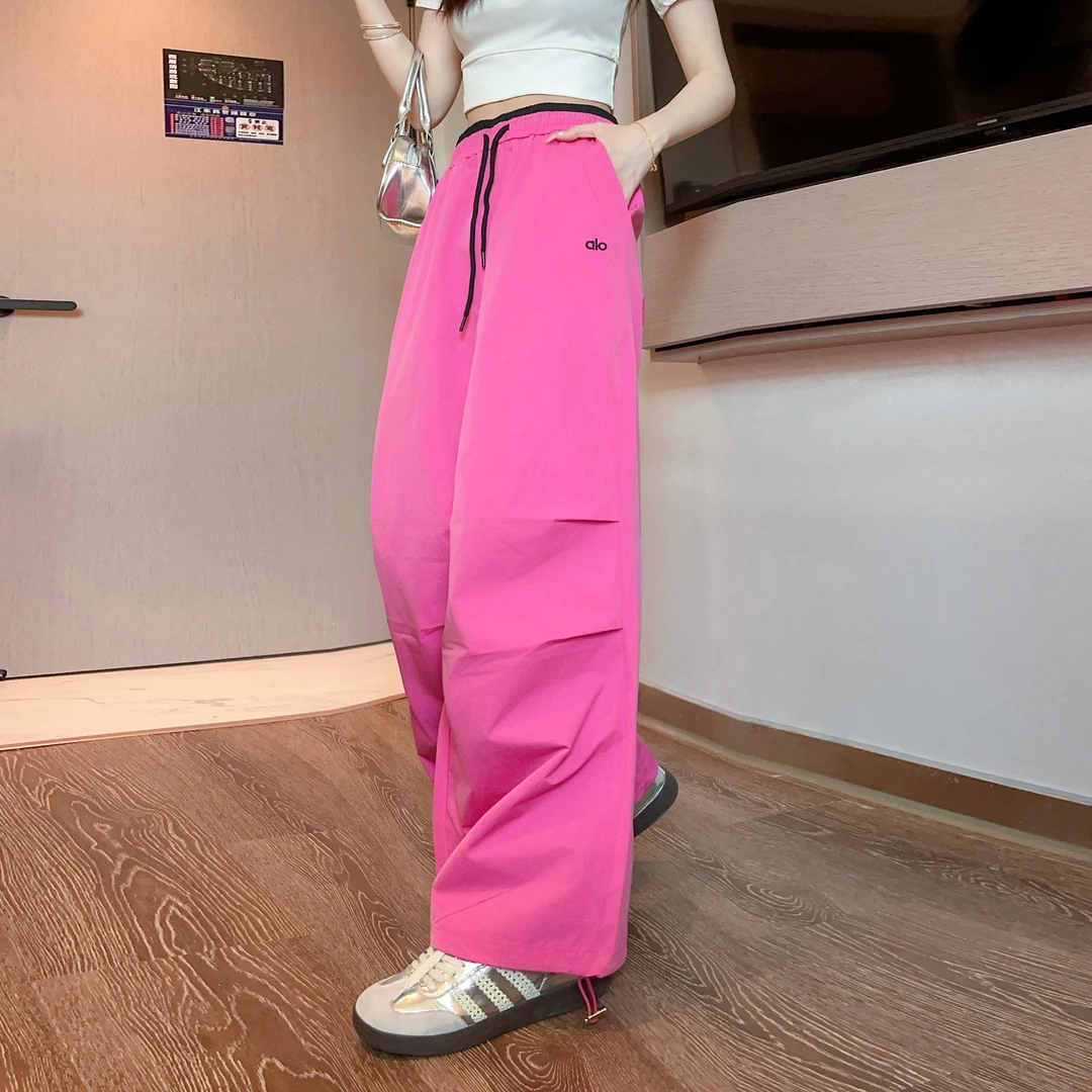 薄款高腰显瘦窄版阔腿裤女拼色腰头刺绣时尚宽松休闲夏季伞兵裤