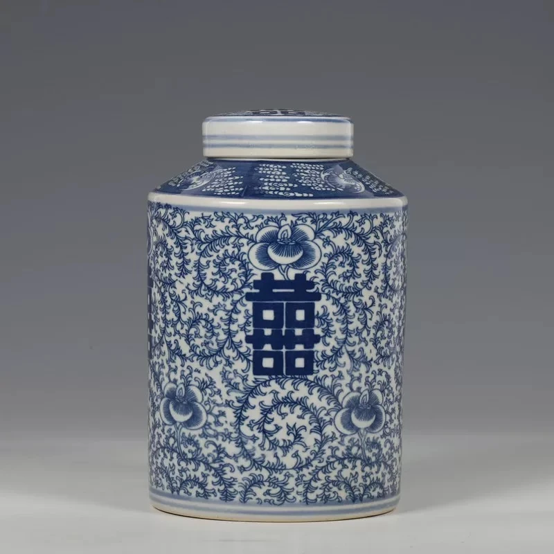 景德镇青花双喜小茶叶罐糖罐