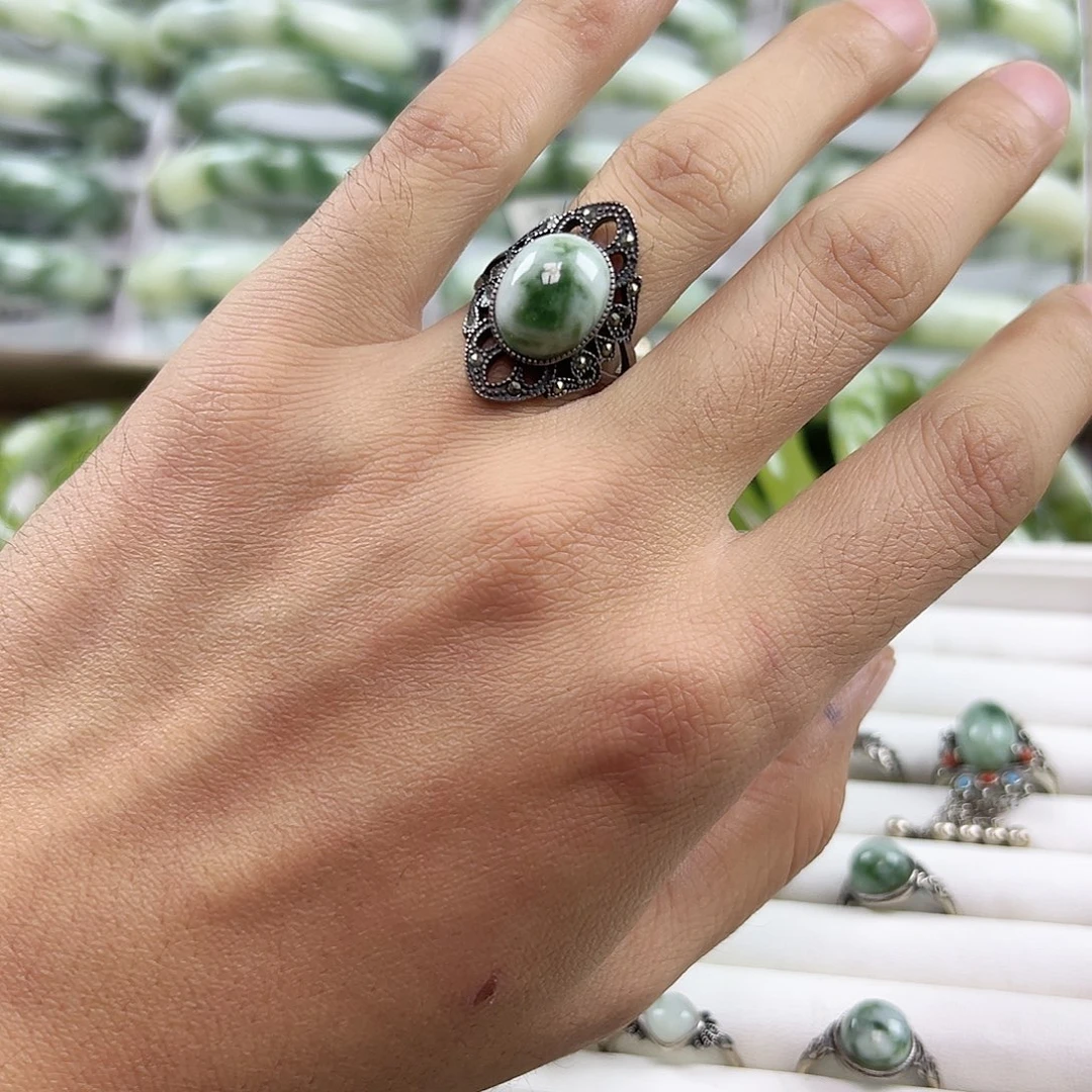 蛇纹石玉银S925镶嵌戒指