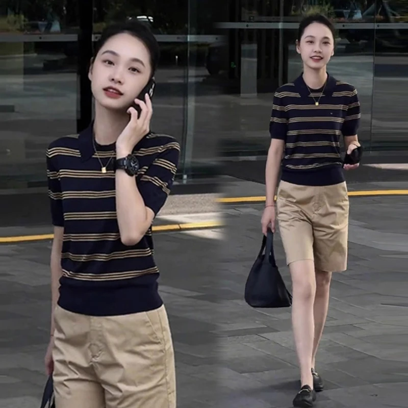 2026夏季新款老钱风时尚翻领条纹针织短袖女宽松休闲五分裤两件套
