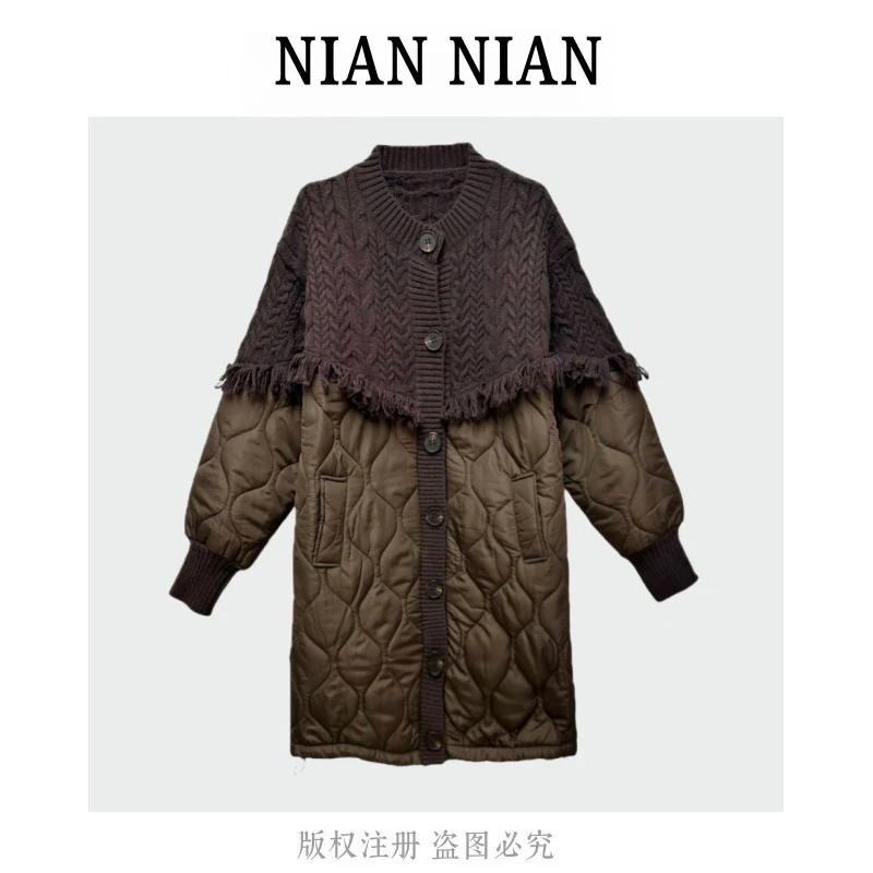 【温暖阳光】年年2025新款冬季长袖中长款拼接气质厚款中长款外套