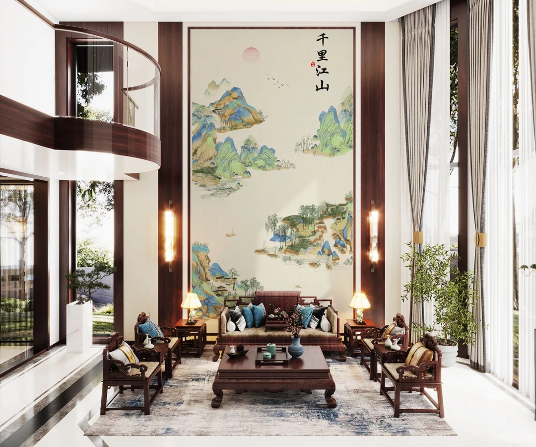 馨绣居-千里江山纯刺绣别墅大玄关背景墙防水防污防霉加厚壁布
