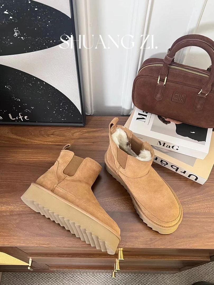 桑坡真皮真毛厚底4（cm）新款烟囱切尔西雪地靴8051