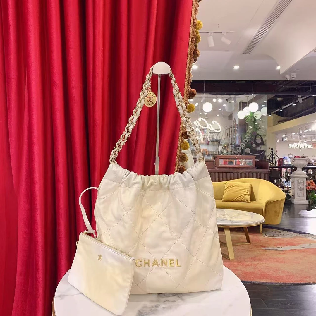 95新 Chanel/香奈儿 22bag垃圾袋中号珠光渐变白芯片款/36991280