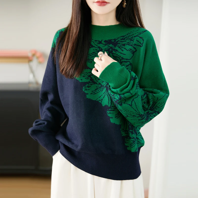 哥弟阿玛施正品秋冬新款撞色圆领套头毛衣女保暖时尚针织衫上衣