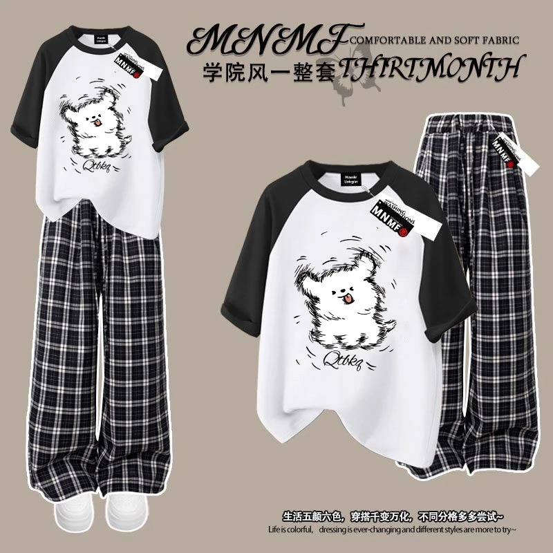 线条小狗女童纯棉短袖长裤套装夏季新款韩版宽松休闲中大童两件套