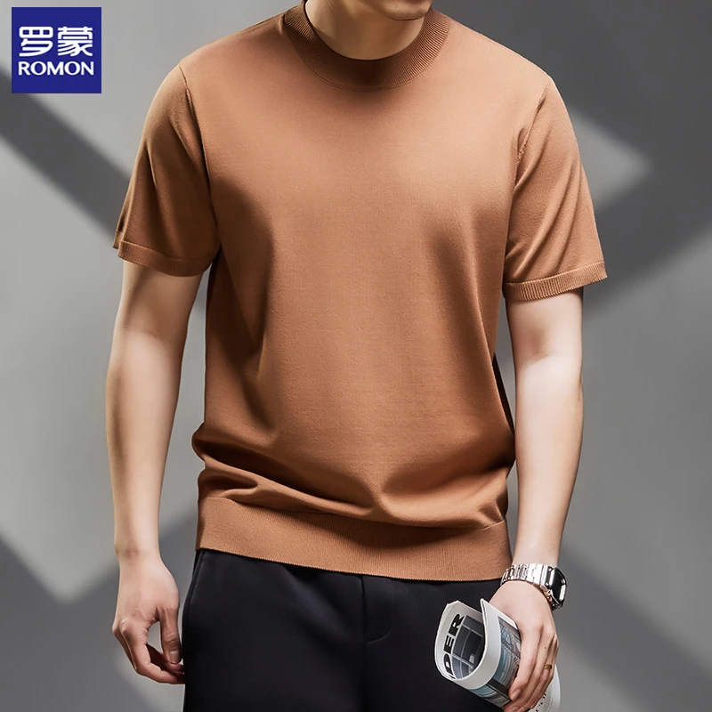 Romon/罗蒙男士圆领短袖伊力特针织衫夏季薄款纯色休闲百搭半袖男
