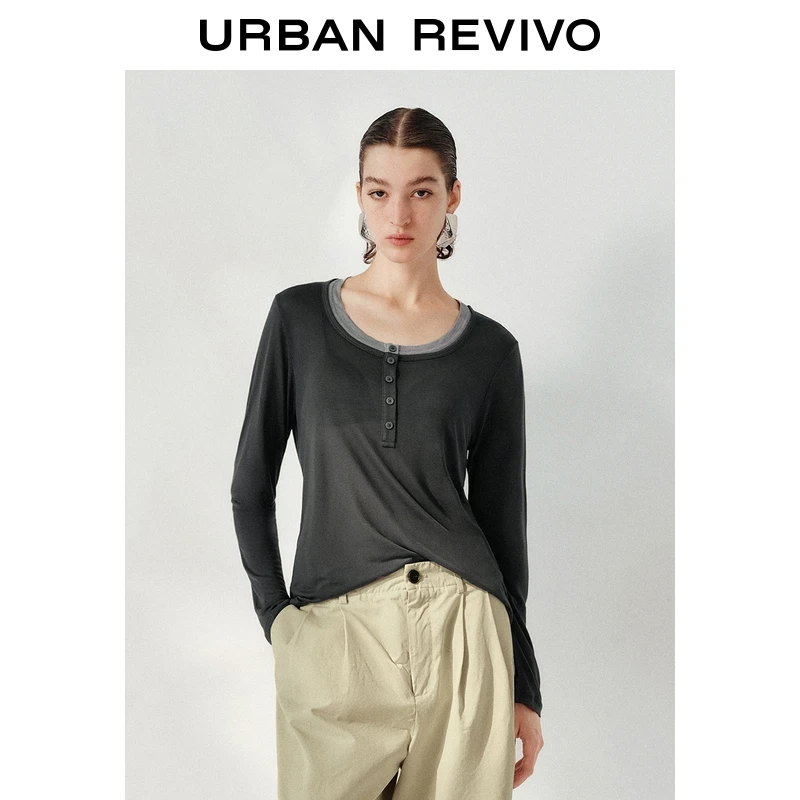 UR2025秋季新款女装休闲简约撞色拼接半开襟T恤UWH450118+