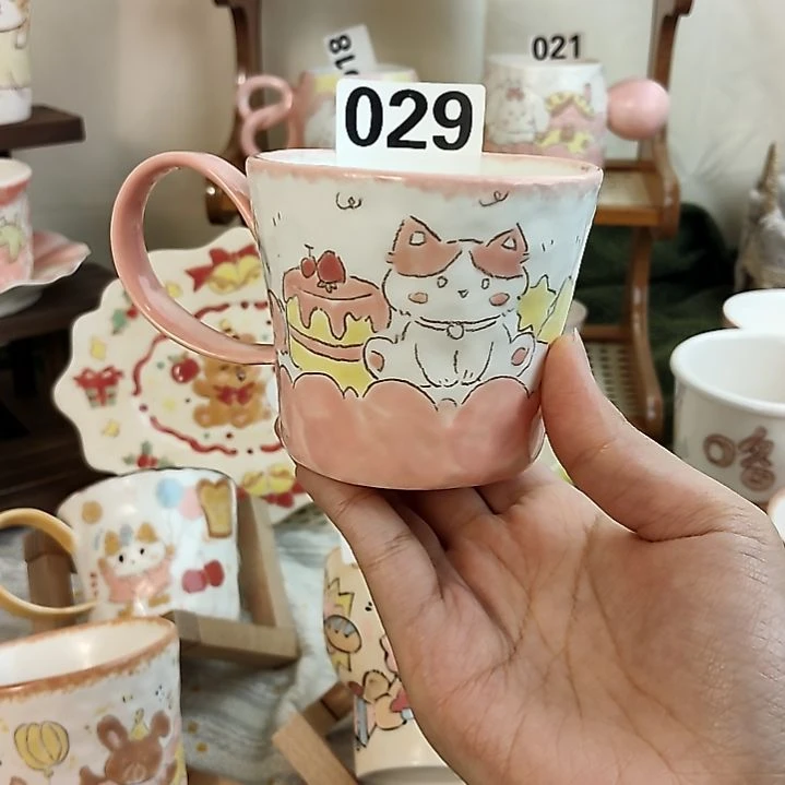 029粉色花边小猫杯