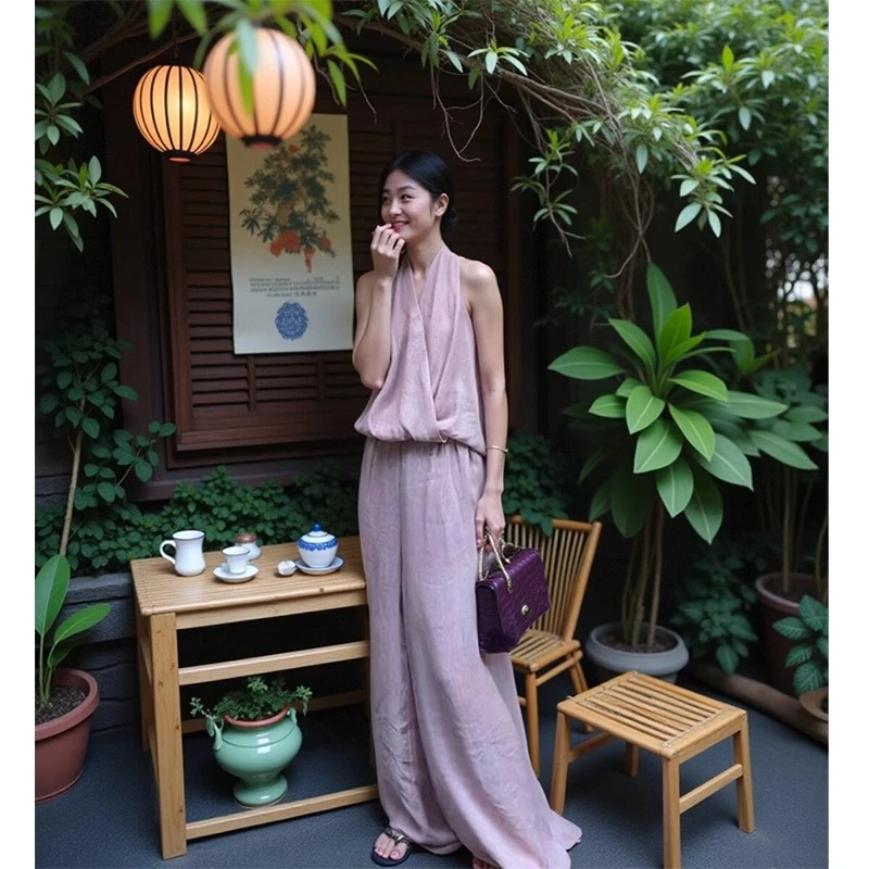气质名媛风时尚套装女2025夏季新款洋气高级感无袖挂脖上衣两件套