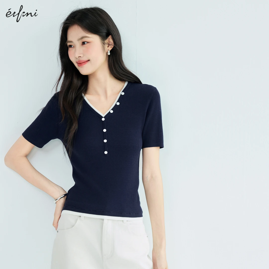 伊芙丽莱赛尔设计感针织衫女25夏季假两件修身气质上衣1G4931091