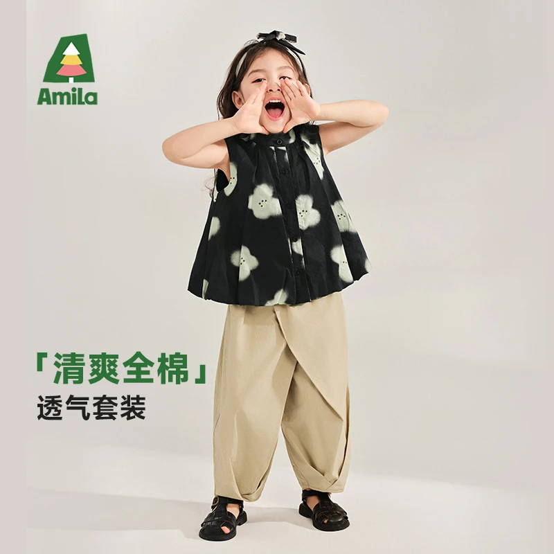 Amila儿童2025年夏装女童中性无袖裤套装ZX5CS093+ZX5XK138