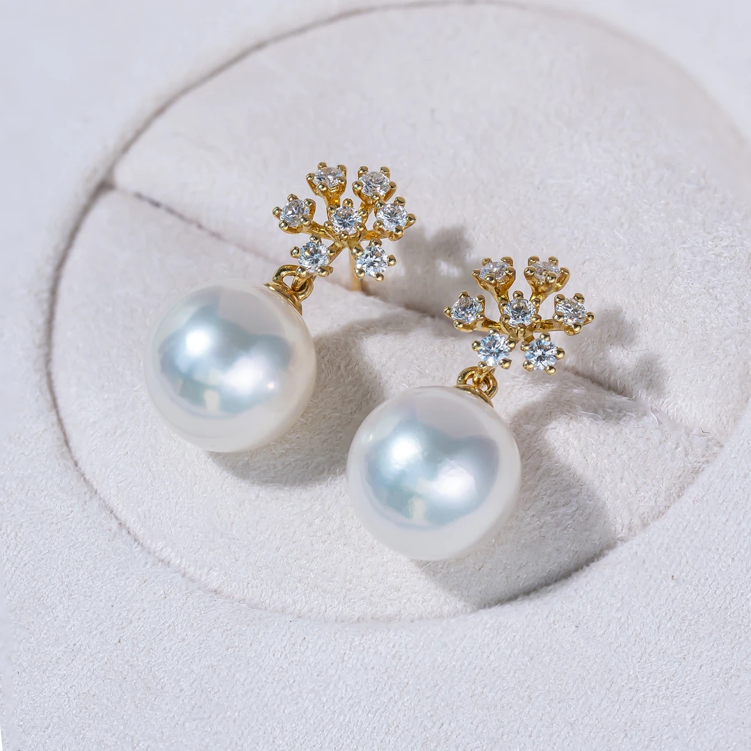 AKOYA【孤品】海水珍珠SP耳钉9.5-10时尚气质雪花0273