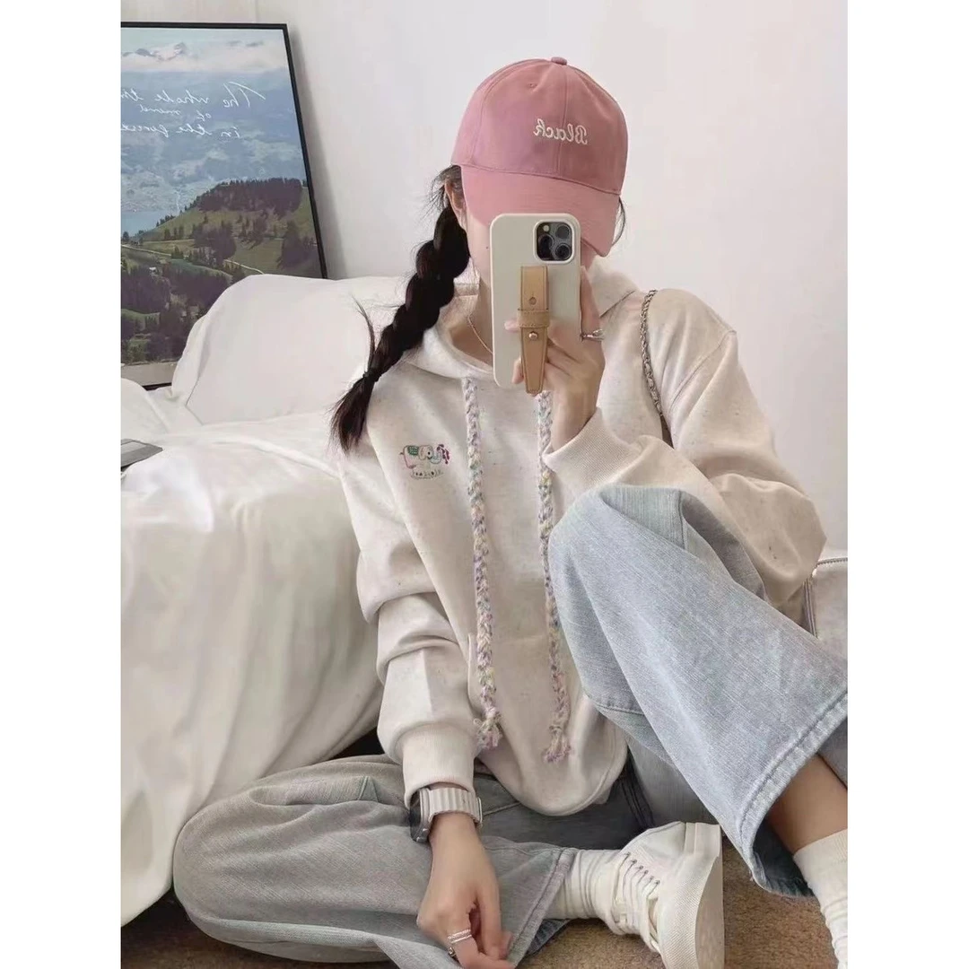 彩色帽绳甜美彩点点连帽卫衣女INS超火韩版外套春秋小众宝宝绒厚