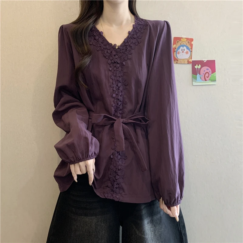 法式高级紫色V领长袖衬衫女装早秋2025新款女款遮肚大码V领衬衫