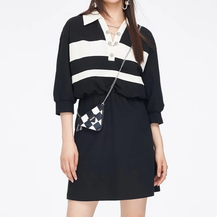 Jessy line春季专柜款 杰茜莱拼色翻领收腰连衣裙 313111131 黑色