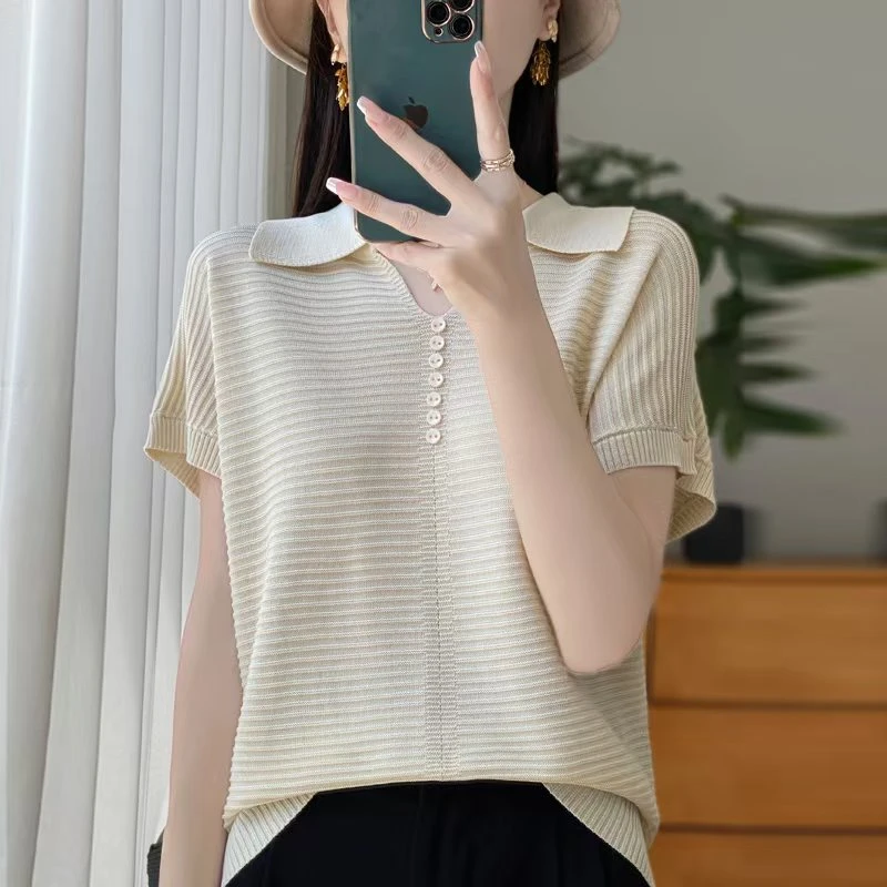 POLO纯色夏季短袖气质女装毛针织衫上衣速干显瘦翻领设计感通勤风