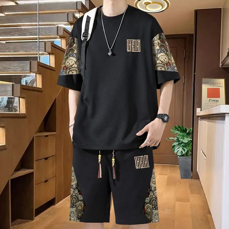 套装男宽松薄款短袖短裤两件套国风夏季大码男士t恤休闲运动服