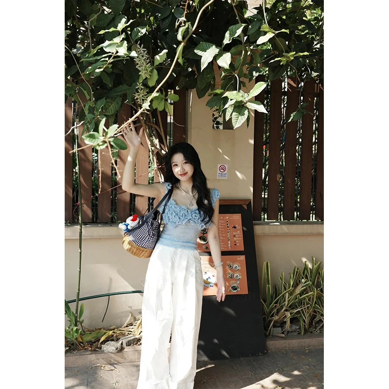 2025秋季新款韩系方领立体花朵无袖针织衫背心上衣女高腰休闲长裤