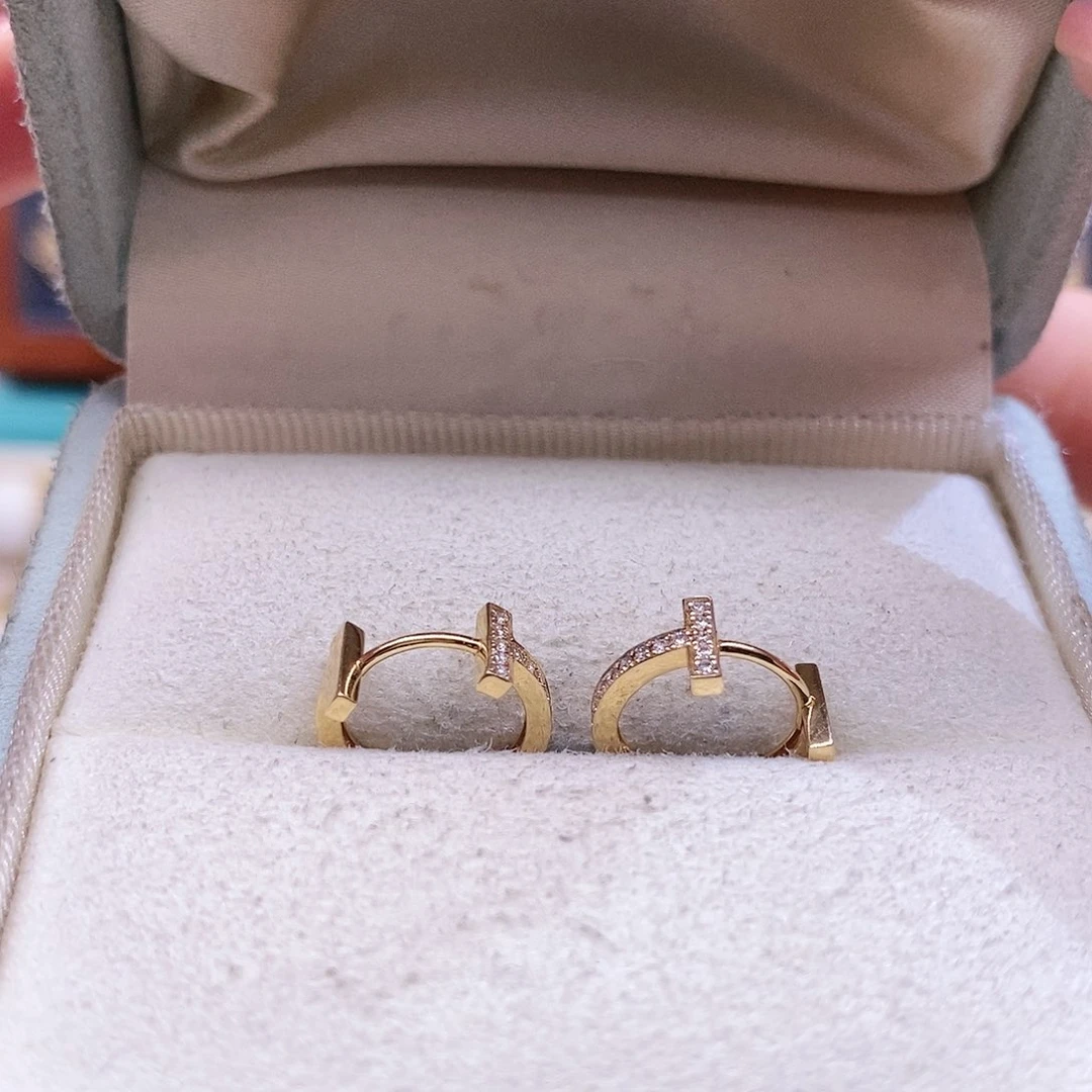 钻石耳饰18K金镶嵌k黄双t耳圈