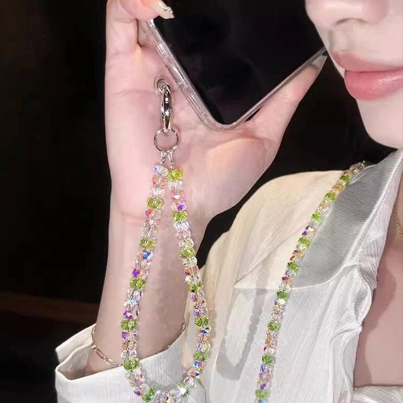 清新绿水晶手机链条斜跨手腕式防掉爆款耐用背带手绳挂绳挂链女款