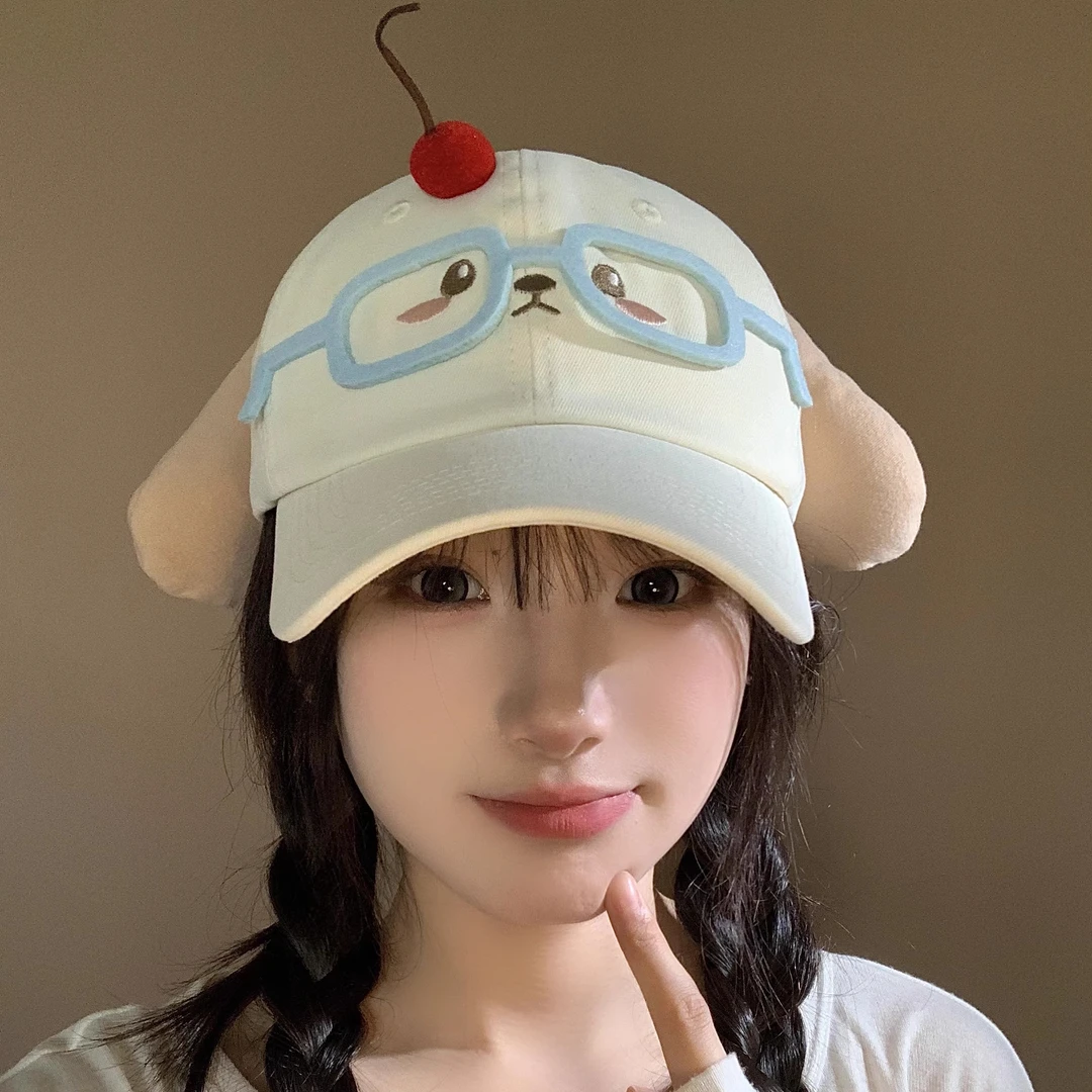 可爱眼镜樱桃小狗棒球帽女宽帽檐大脸显脸小遮阳防晒鸭舌帽二次元