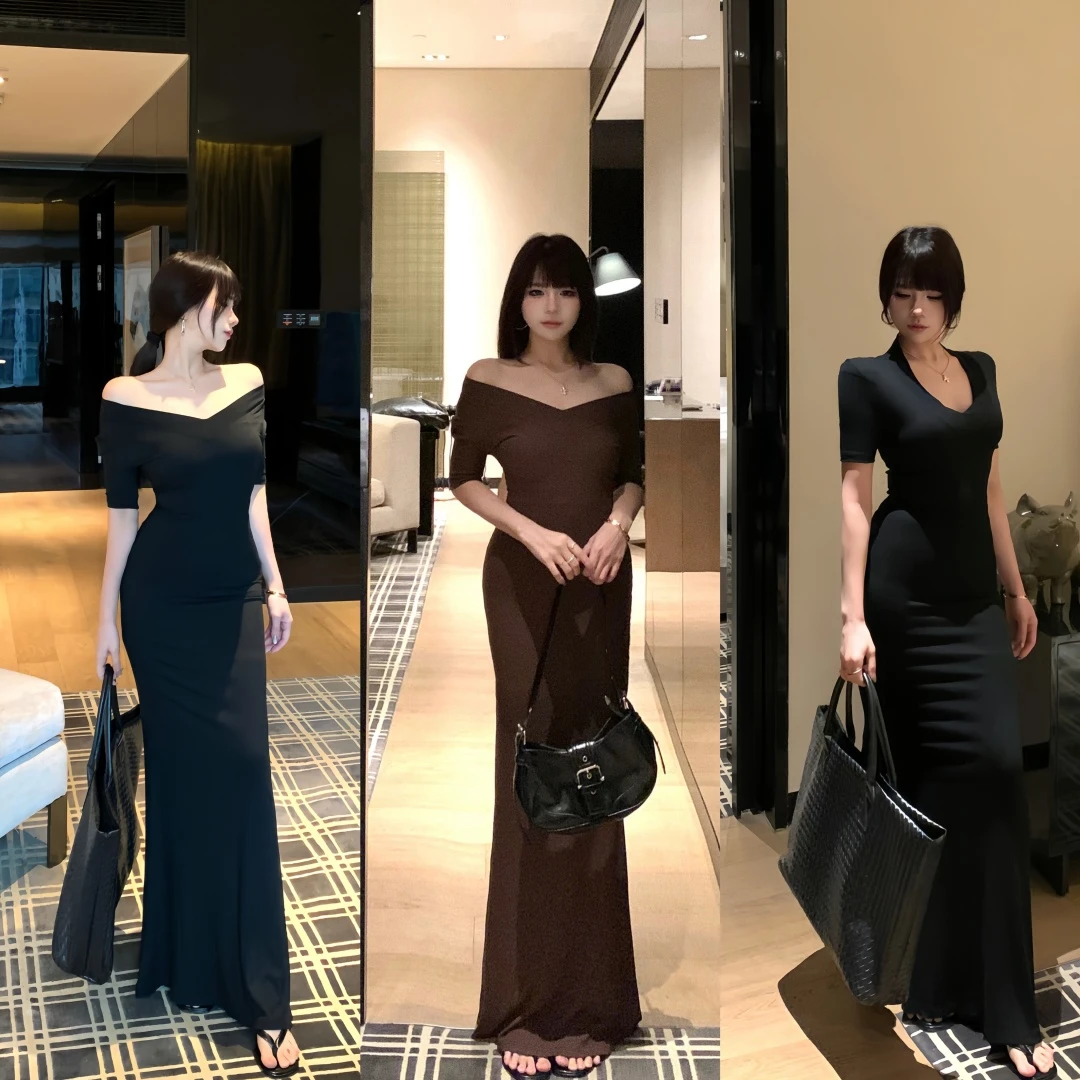 气质修身v领短袖连衣裙女夏季鱼尾裙纯欲收腰裙子显身材包臀长裙