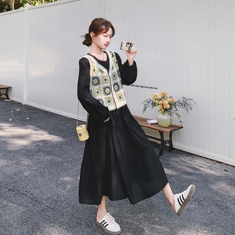 彩色针织马甲连衣裙套装女中长款2025春天新款法式长袖裙子两件套