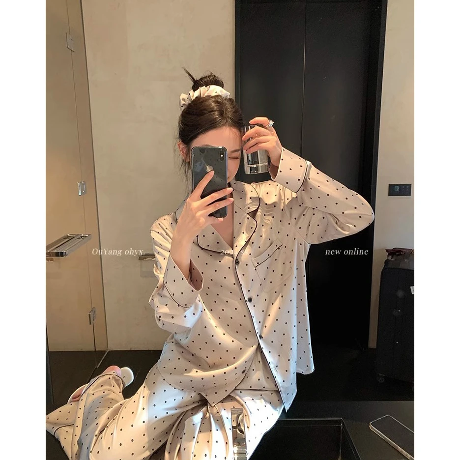 B04女春秋款长袖长裤波点套装高级感冰丝家居服网红风可外穿