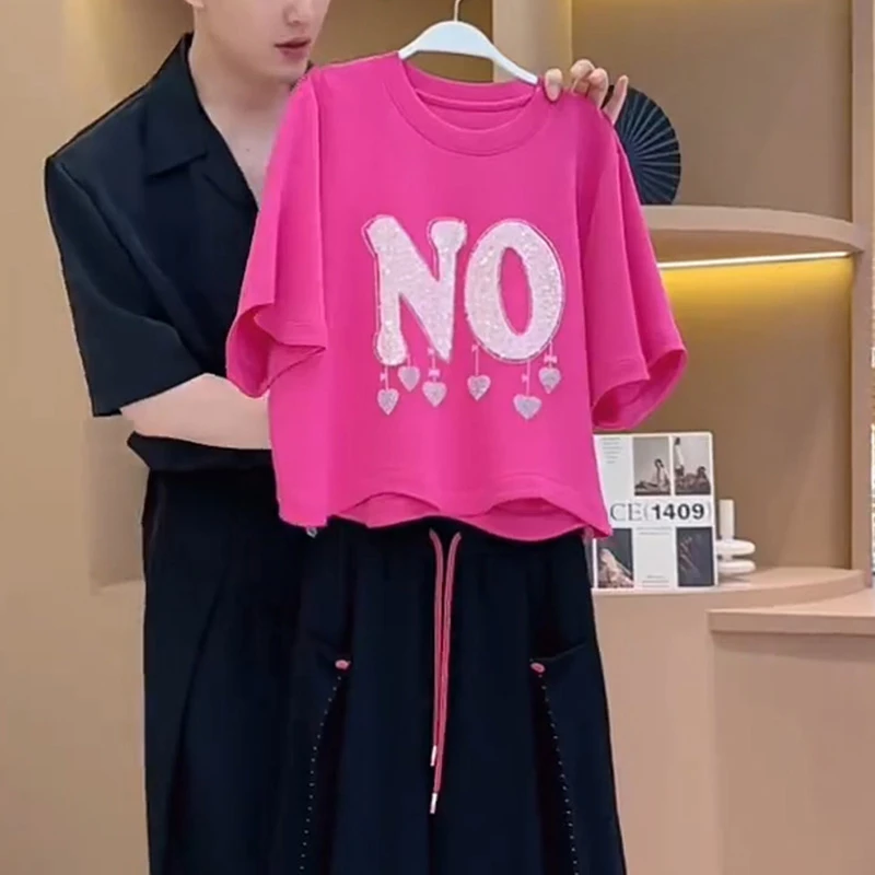甜美印花美式宽松T恤2025夏季新款韩系休闲温柔百搭潮流小众上衣