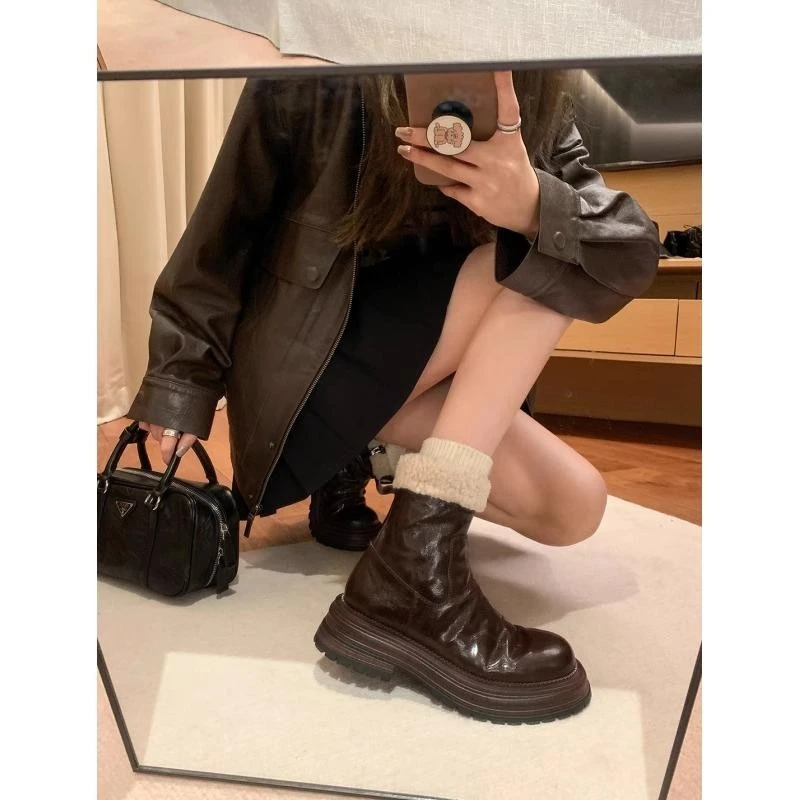 【万达撤柜】羊皮版！内增高8CM厚底毛毛短靴女靴加绒马丁靴冬季