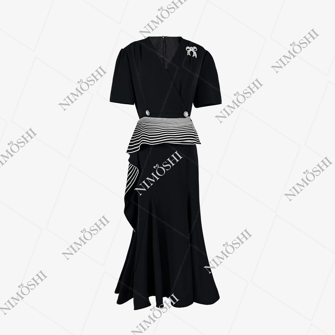 Dan总法式时尚腰间条纹荷叶摆上衣鱼尾假两件连衣裙Q1622