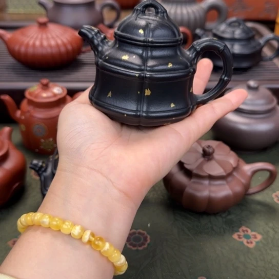 宜兴紫砂六方隐角竹鼎焐灰洒金